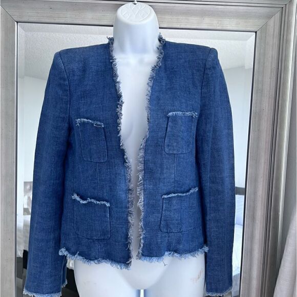 JOSEPH Womens Blue Metallic Tweed Silk Blend Blazer Fringe Size 40 EU. US M. - Picture 1 of 9